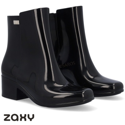 Botas ankle boots femininas pretas brilhantes Zaxy com salto médio largo
