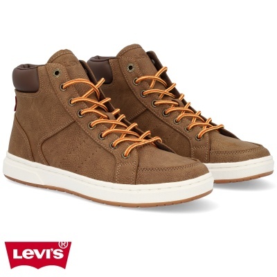 ténis altos castanho claro Levi's em camurça com atacadores laranja e sola branca