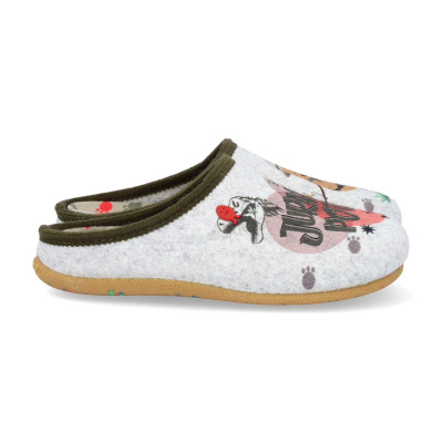 Pantufas cinzentas com sola castanho e botão vermelho
