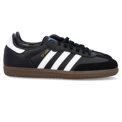 Tênis Adidas Samba preto com riscas brancas e sola castanha