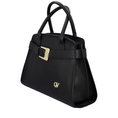 Mala de mão preta em pele com fecho dourado e logótipo CV