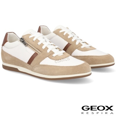 Tênis Geox brancos com camurça bege e detalhes castanhos, atacadores brancos e fecho lateral