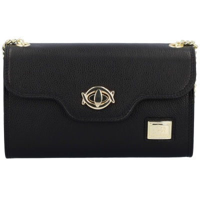 Carteira preta com fecho oval dourado e corrente dourada