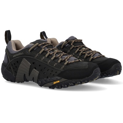 Sapatilhas de trekking Merrell pretas e castanhas com sola Vibram e letra M na lateral