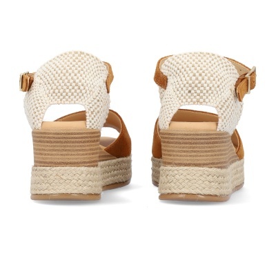Sandálias femininas de salto cunha com juta e camurça castanha vistas de trás