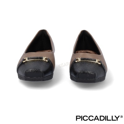 Sapatos rasos femininos bege e pretos com detalhe metálico dourado da marca PICCADILLY