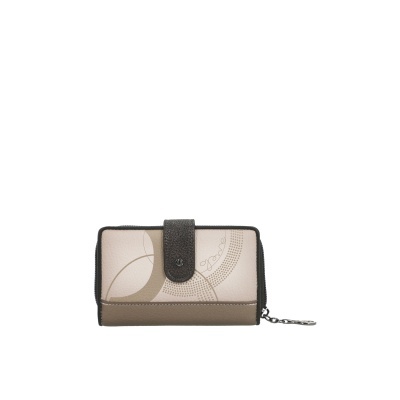 Carteira feminina bege e castanha com fecho e padrão geométrico
