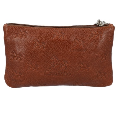 Porta-moedas castanho em pele com padrão de cavalos em relevo