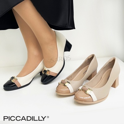 Sapatos femininos de salto médio em bege, creme e preto com detalhes dourados