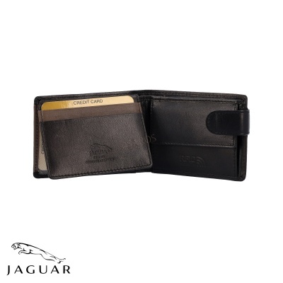 Carteira preta em pele Jaguar com compartimentos e fecho de aba