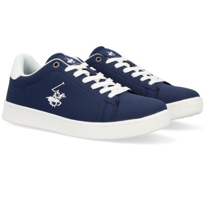 Ténis desportivos azuis escuros com sola e atacadores brancos e logótipo de jogador de pólo bordado.