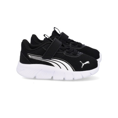 Ténis desportivos infantis Puma pretos com riscas brancas e sola branca