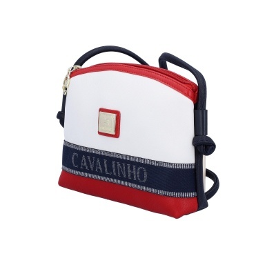 Bolsa pequena branca, vermelha e azul escuro com alça e emblema dourado