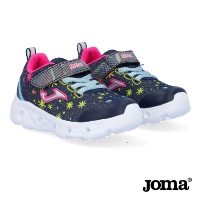 Ténis infantis azuis escuros com padrões coloridos e sola branca JOMA