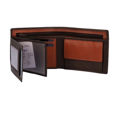 Carteira masculina em couro castanho e caramelo aberta