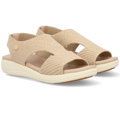 Sandálias bege com tecido tricotado e sola branca acolchoada