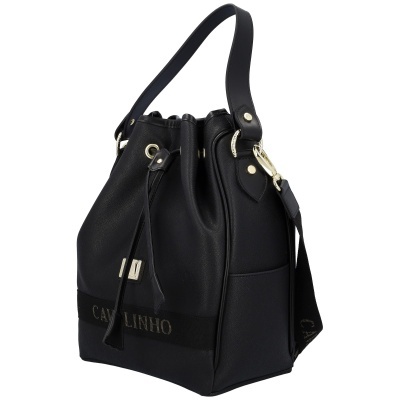 Mala de mão preta estilo saco com alças e detalhes dourados