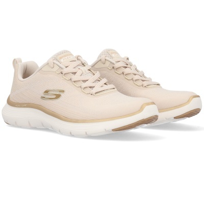 Ténis Skechers Flex-Lite bege claro com sola branca e detalhes dourados