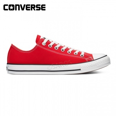 Sapatilha Converse vermelha com sola branca e atacadores brancos