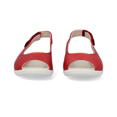 Sandálias vermelhas abertas com sola branca e fecho em velcro