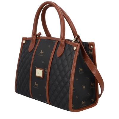 Mala preta com padrão de cavalos e ferraduras castanhos com detalhes em pele castanha