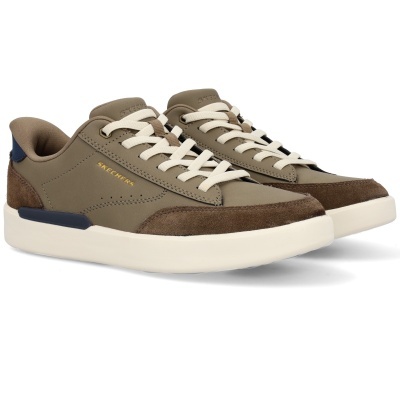 Sapatilhas Skechers castanhas e bege com sola branca e logo dourado