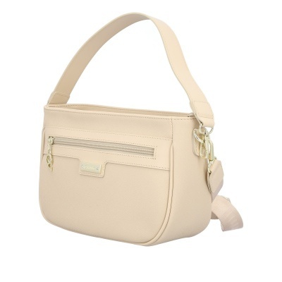 Mala bege em tecido com bolso frontal e fecho de correr