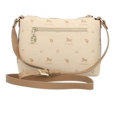 Mala de ombro bege claro com padrão impresso e alça em pele sintética castanha clara