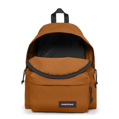 Mochila laranja EASTPAK com bolso frontal e compartimento aberto