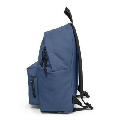 Mochila azul com alças pretas e fechos de correr com puxadores de corda.