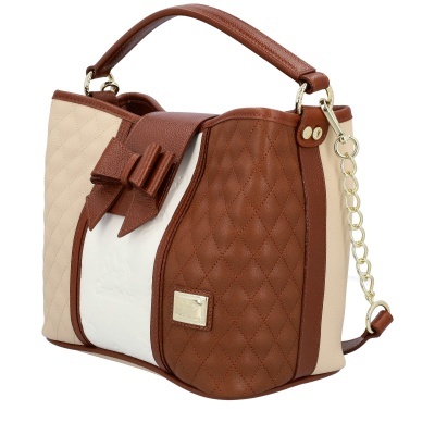 Mala de mão feminina castanha, branca e bege com laço e corrente dourada