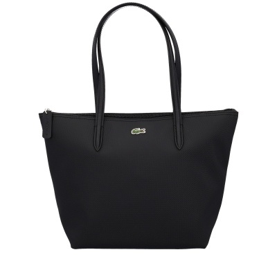 Bolsa tote preta com alças, logo Lacoste crocodilo verde e fecho superior