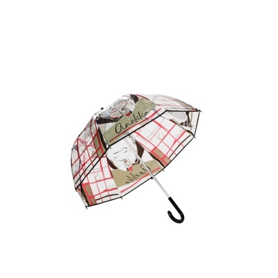 Guarda-chuva transparente com padrão colorido e texto