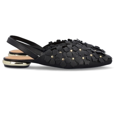 Sapatilha feminina preta com flores e salto baixo dourado