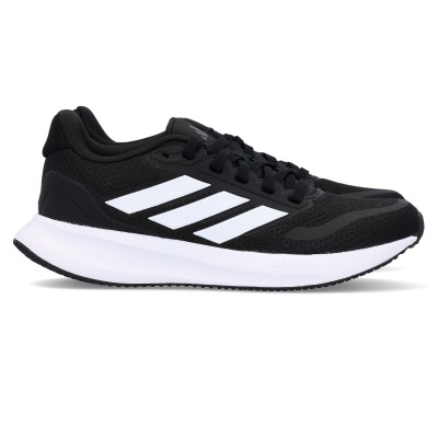 Ténis desportivos pretos com riscas brancas e sola branca