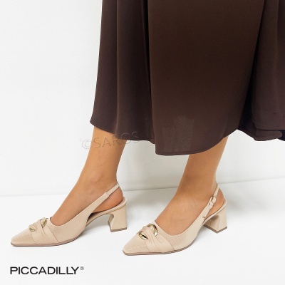 Sapatos de salto médio creme com tira traseira e detalhe dourado