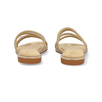 Chinelos femininos bege com tiras de brilhantes vistos de trás