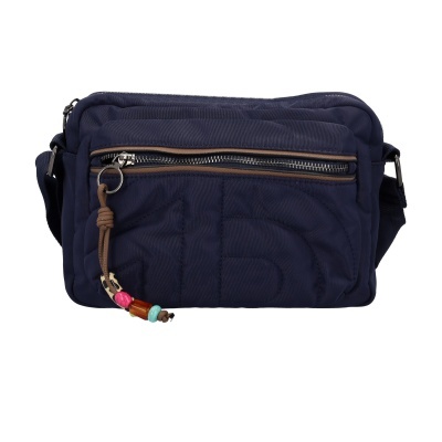 Mala pequena de ombro azul escuro com fecho e pendente colorido