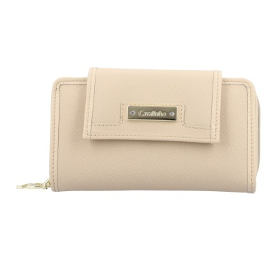 Carteira bege com placa dourada e fecho zip lado