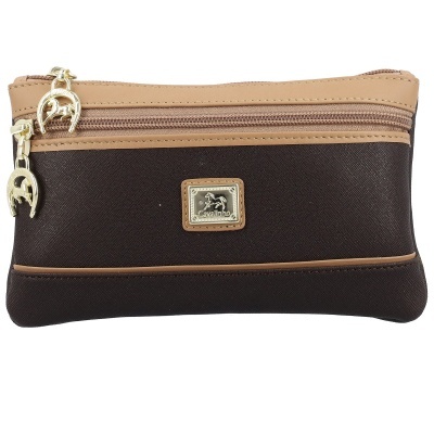 Bolsa pequena castanha e bege com fechos dourados e plaqueta Cavalinho