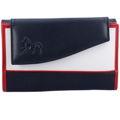 Carteira tricolor azul escuro, branco e vermelho com relevo de cavalo