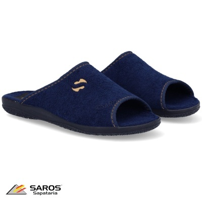 Chinelos azuis abertos com sola preta e logótipo SAROS