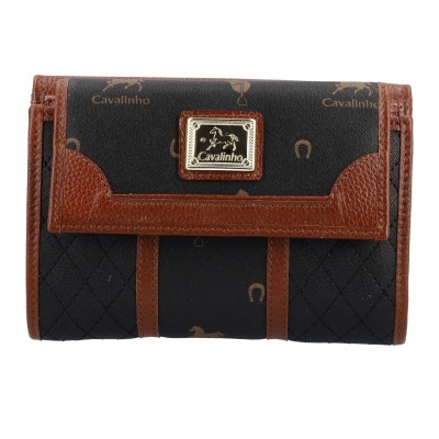 Carteira preta com detalhes em pele castanha e placa metálica Cavalinho