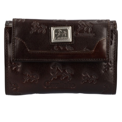 Carteira de couro castanha com relevo de cavalos e placa metálica prateada Cavalinho