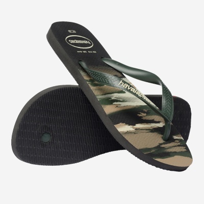Chinelos Havaianas camuflados com tiras verdes e sola preta