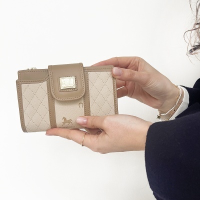 Carteira bege e castanha com ornamento metálico dourado e padrão em losangos