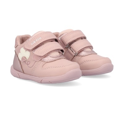 Sapatos infantis Geox rosa claro com velcro duplo e detalhes em bege