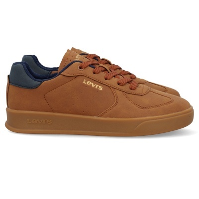 Ténis Levis castanhos com detalhe azul escuro e logo em dourado