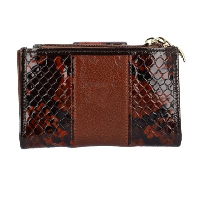 Carteira em couro castanho com padrão de pele de cobra e fecho dourado