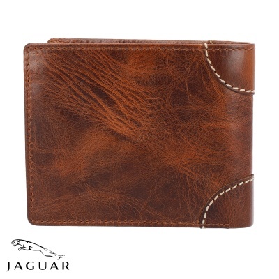 Carteira de pele castanha com costuras brancas e logotipo Jaguar